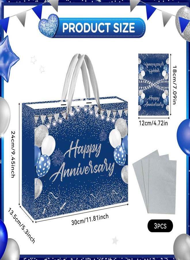 GOLDCROW Blue Silver Party Gift Bag with Tissue Papers and Card, Wedding Paper Gift Wrapping Paper Bag11.8'' for Men Women Anniversary Party, Wedding Party Supplies - Image 2